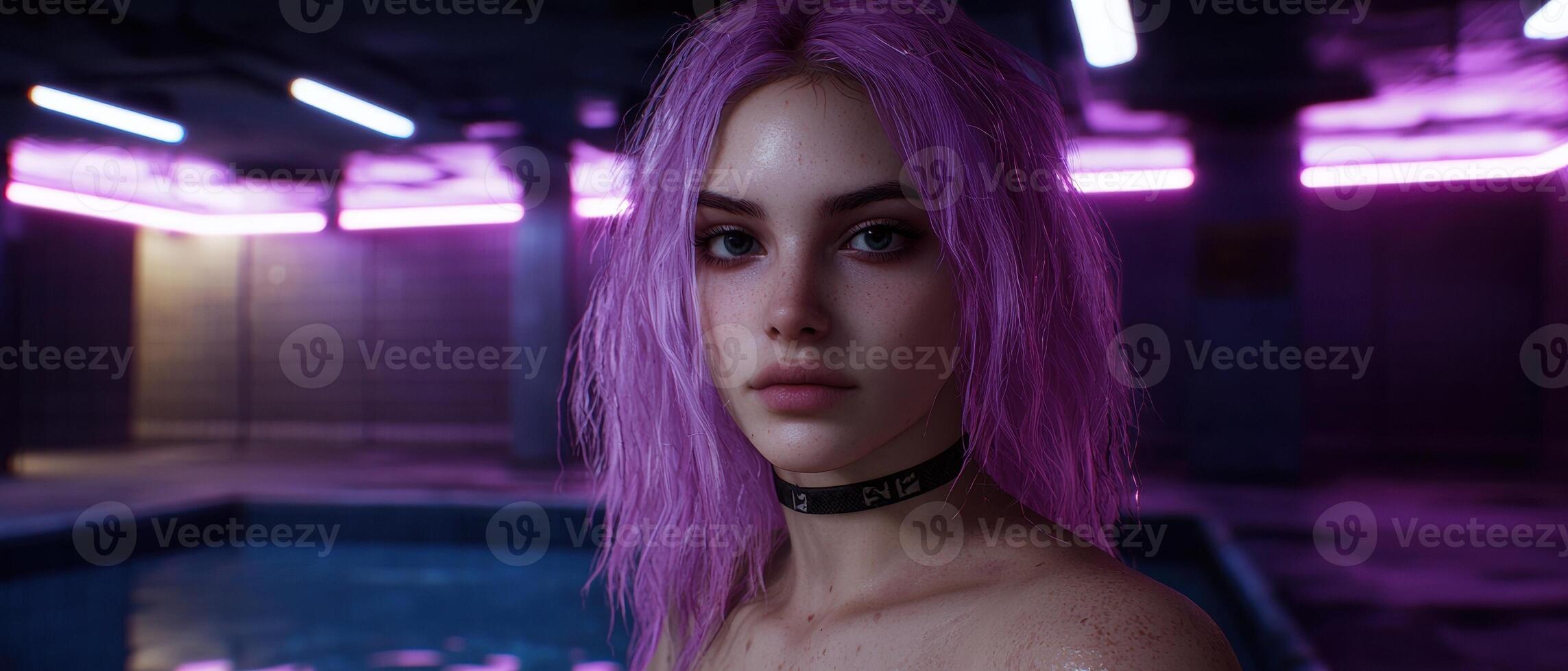 A girl with purple hair in a neon lit room photo