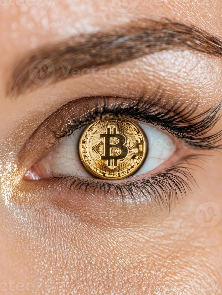 Bitcoin reflected in a womans eye, symbolizing cryptocurrency investment and the future of finance photo