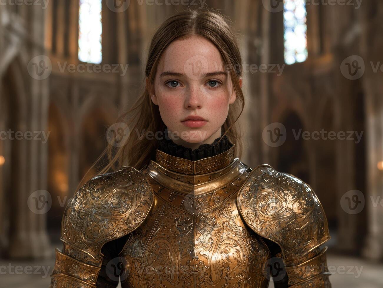 Young woman in ornate medieval armor standing in a cathedral photo