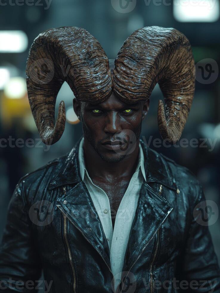 A man with ram horns and glowing eyes wearing a leather jacket photo