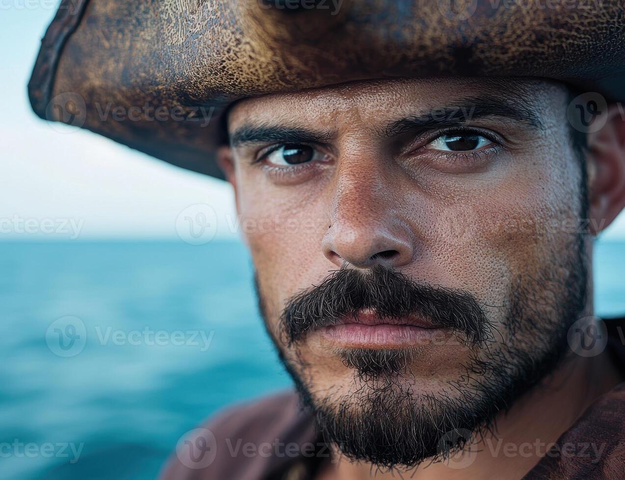 A close up of a man with a beard wearing a pirate hat on a ship photo