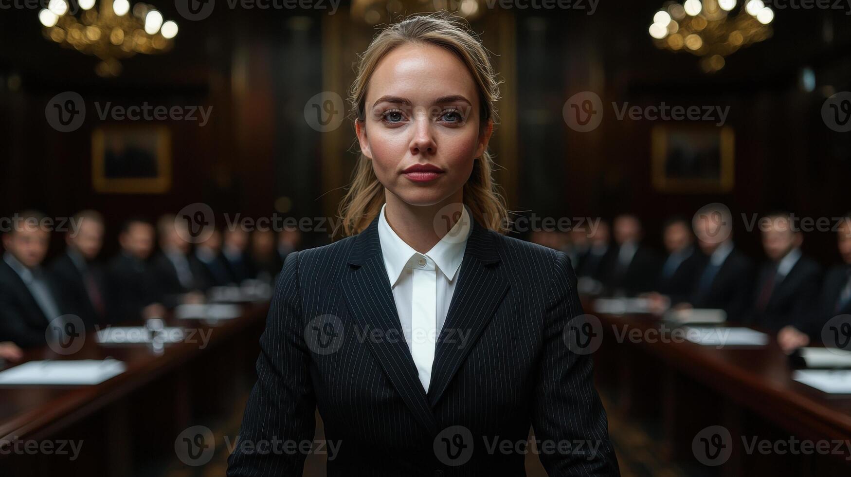 Confident woman in a suit standing before a board of directors photo
