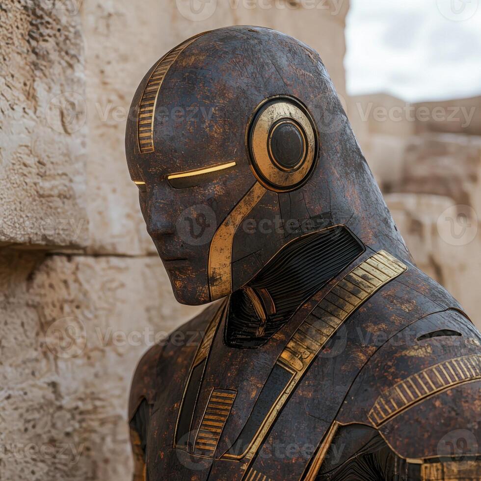 Ancient robot guardian standing watch near weathered stone wall photo