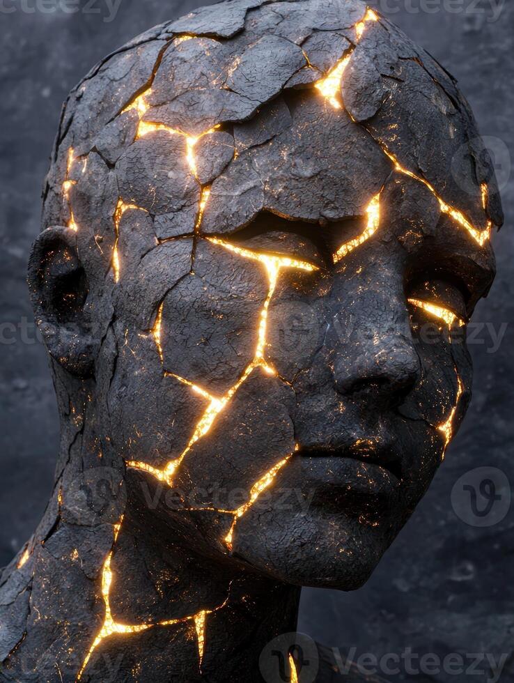 Stone statue with glowing cracks, representing inner strength and resilience photo