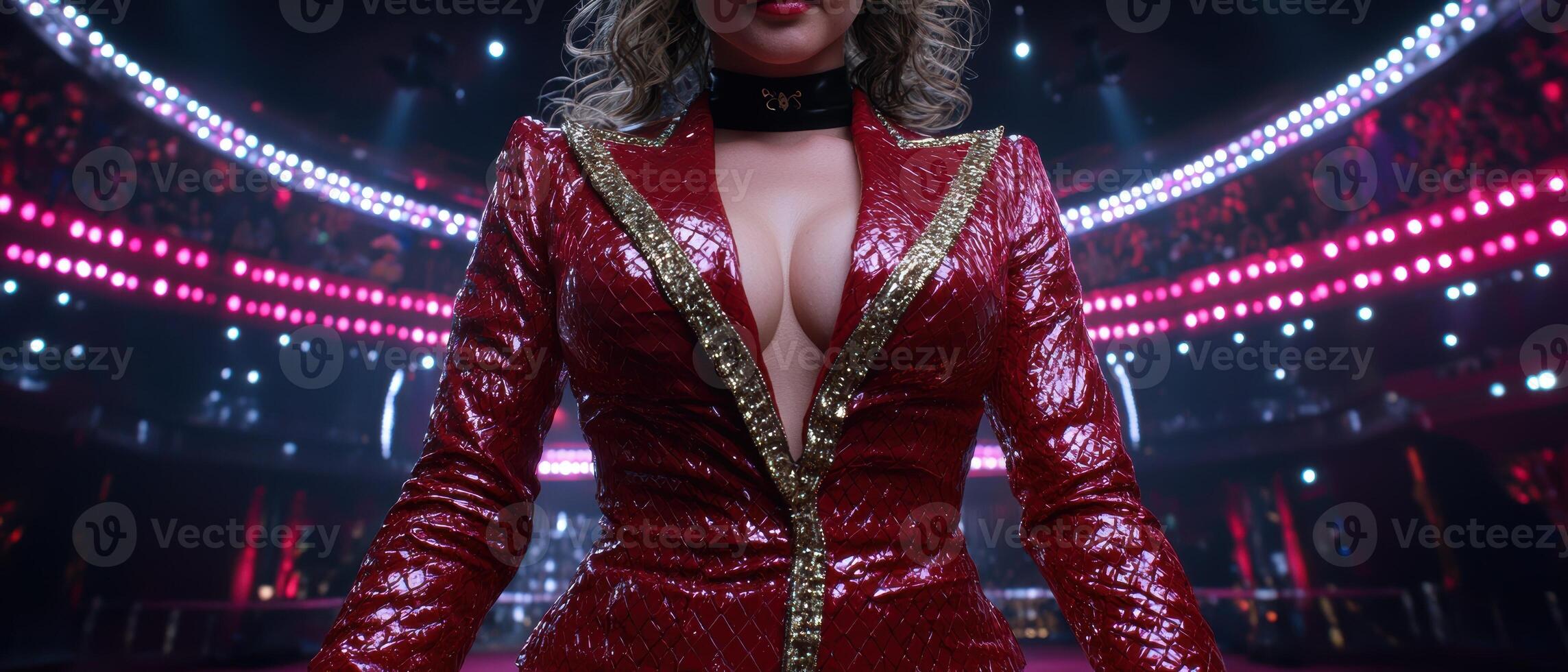 Woman in red jacket with gold trim in a performance setting photo