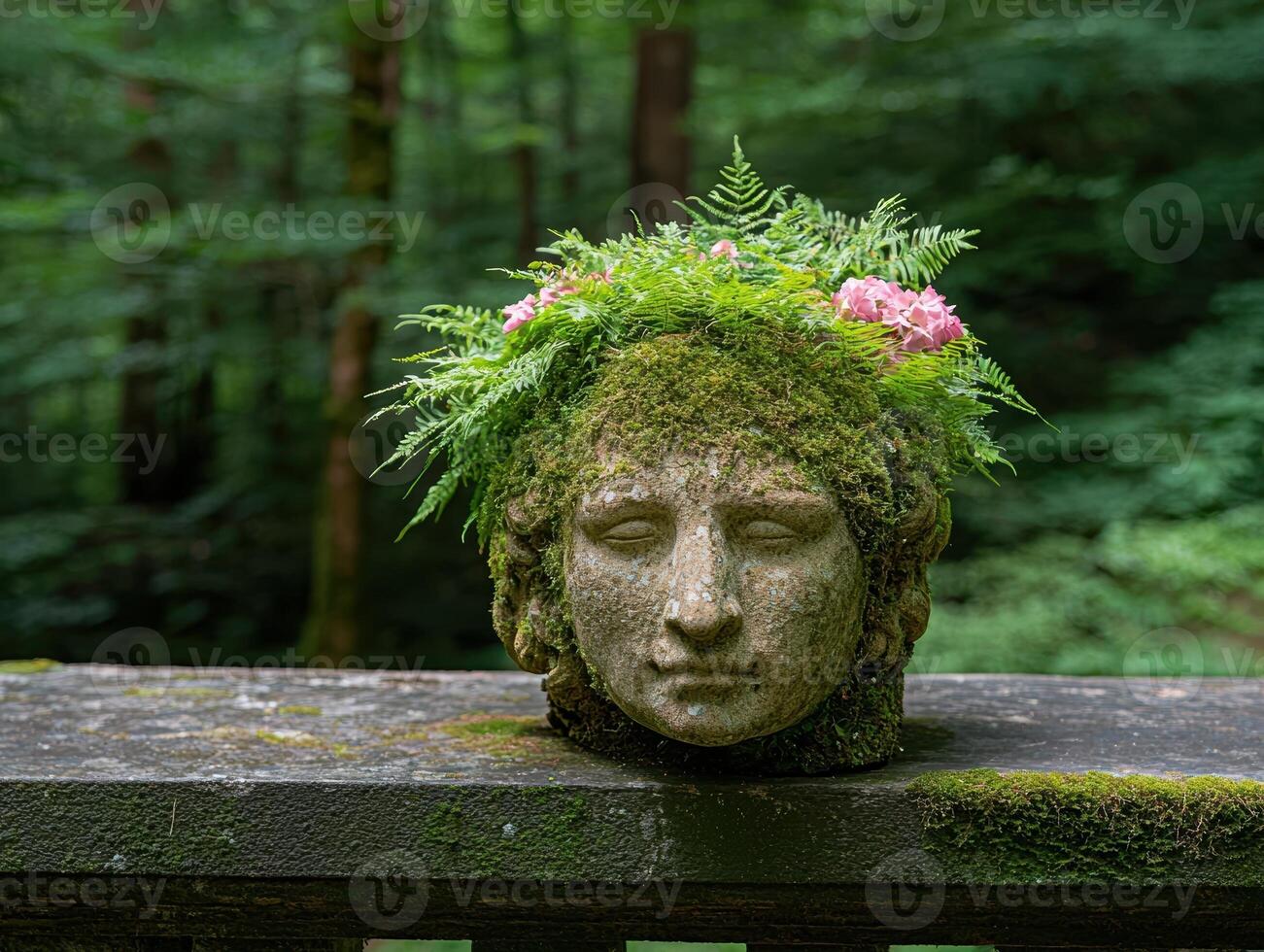 Stone head planter with moss, ferns, and pink flowers in a forest setting photo