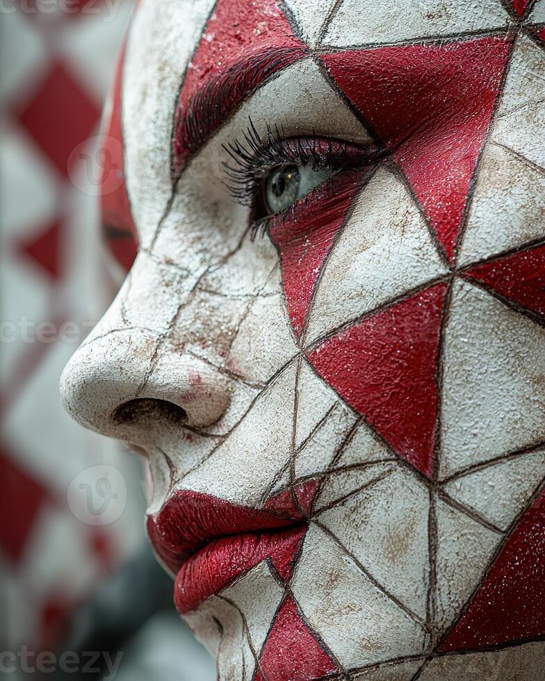 Close up of a womans face with red and white makeup photo