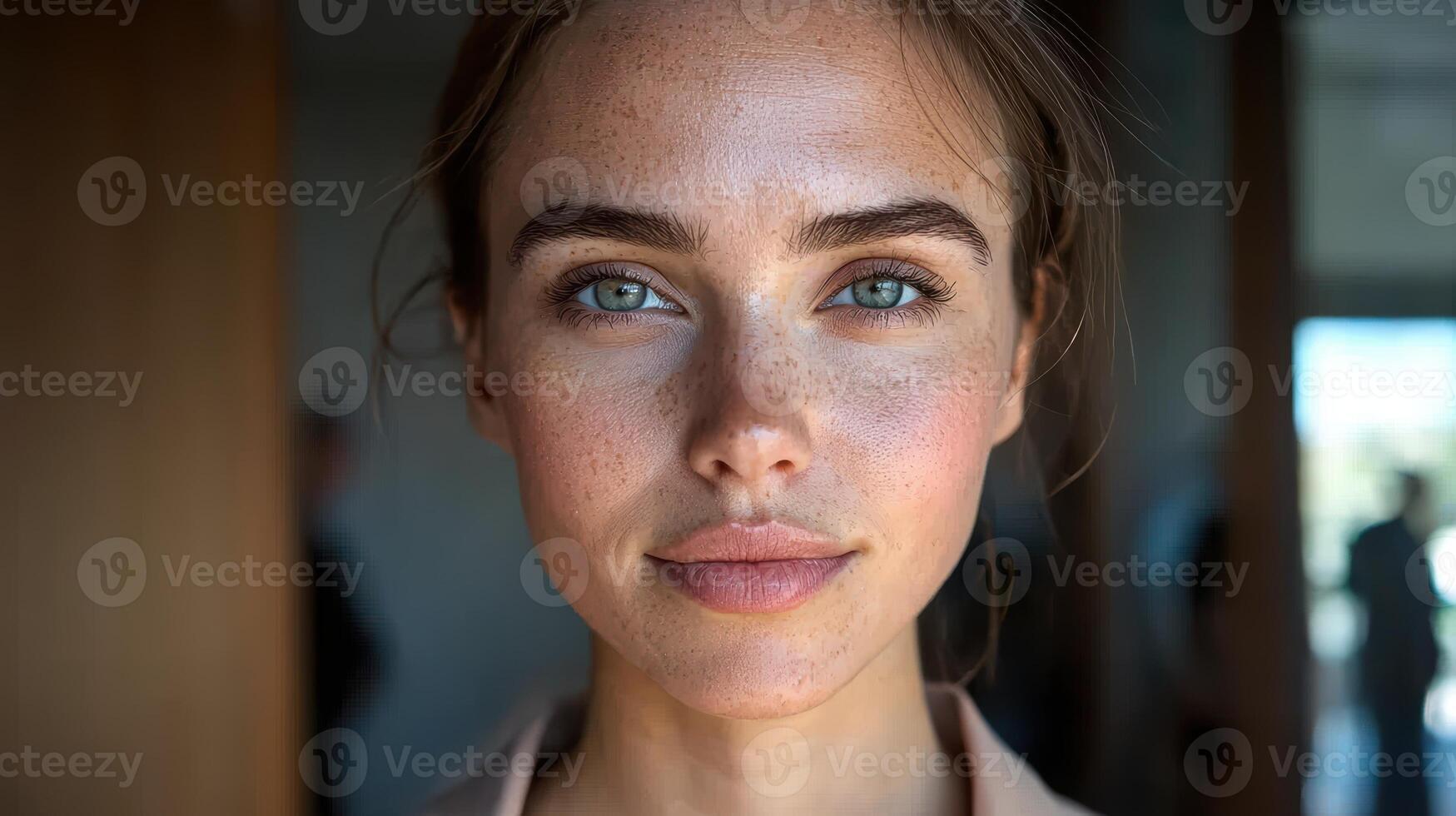 Close up portrait of a young woman with freckles and beautiful green eyes. photo