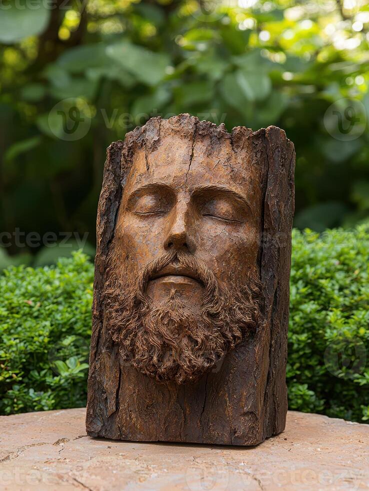 Wooden carving of a mans face with eyes closed in a garden setting photo