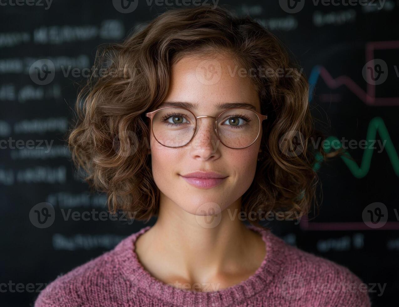 Portrait of a woman with glasses in front of a chalkboard photo