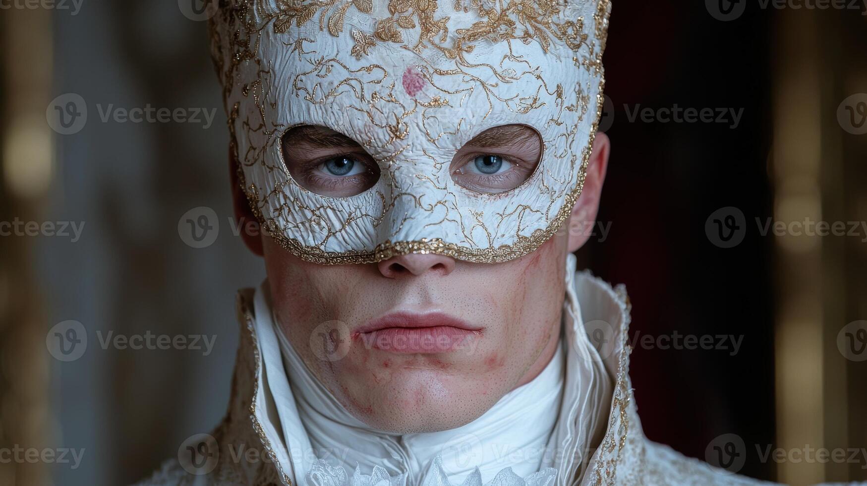 Man in a decorative mask staring intensely at the camera photo