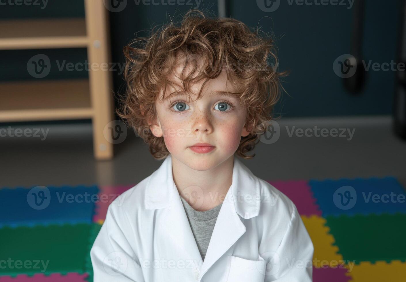 Young boy with curly hair wearing a lab coat photo