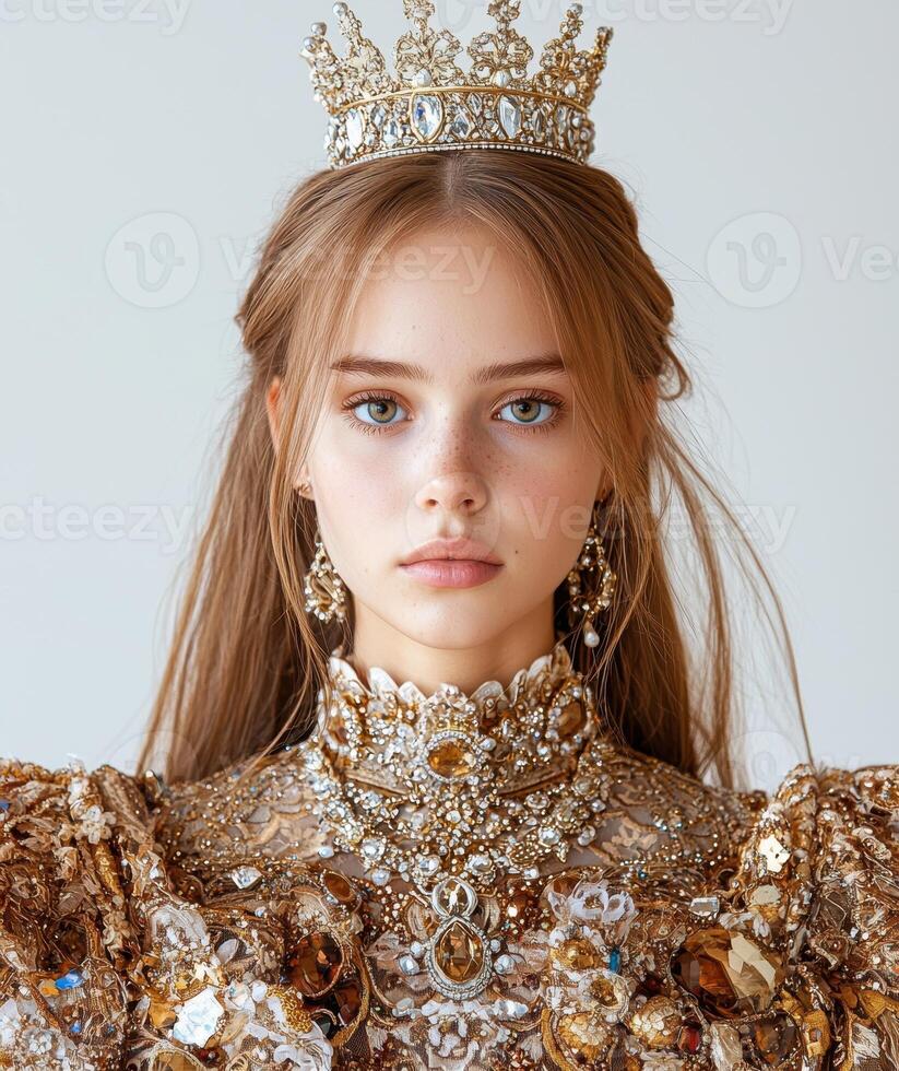 Portrait of a young woman wearing a golden crown and jewelry photo
