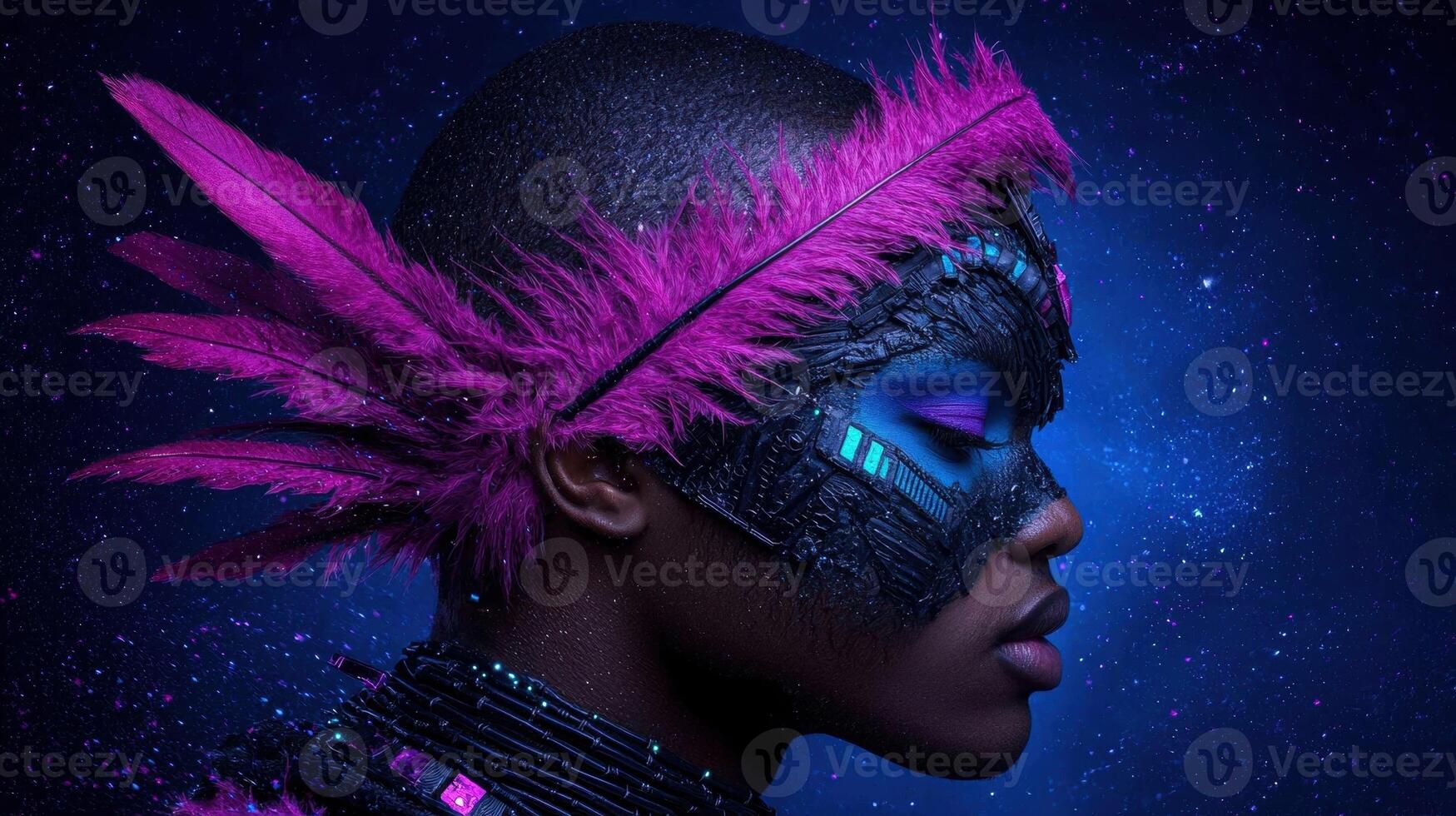 Futuristic portrait of a person wearing a feathered mask in a cosmic setting photo