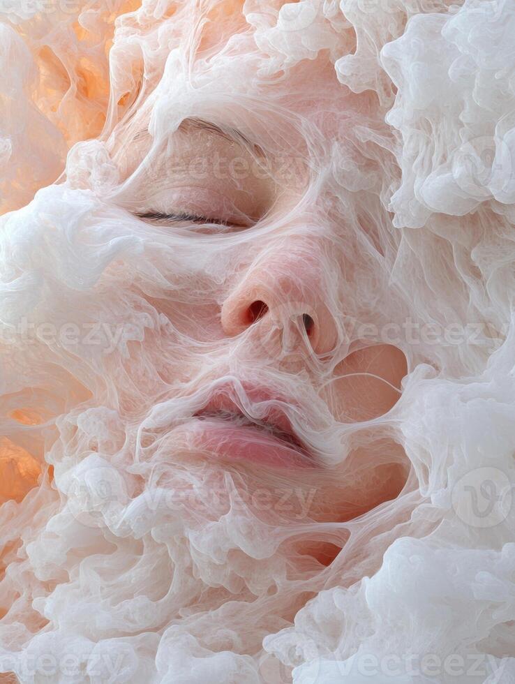 Surreal portrait of a womans face covered in white filaments photo