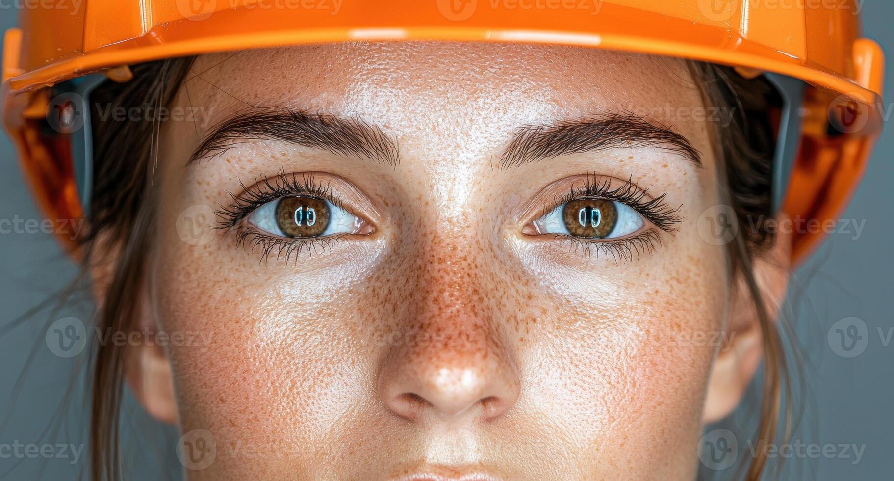 Close up of a female construction worker wearing a hard hat photo