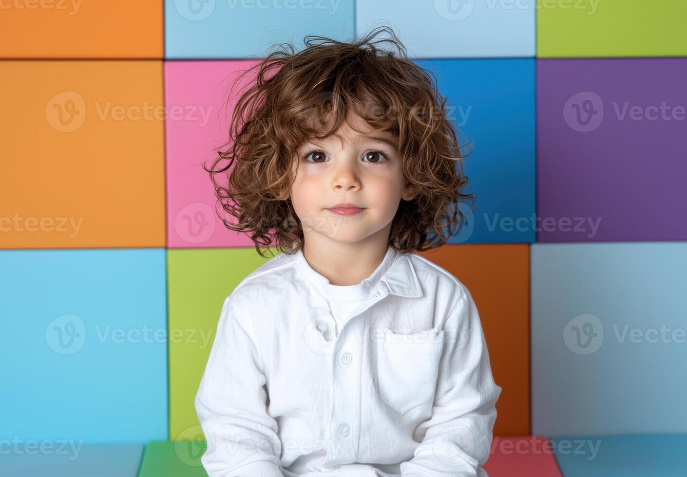 Adorable curly haired child in a white shirt posing in front of a colorful background photo