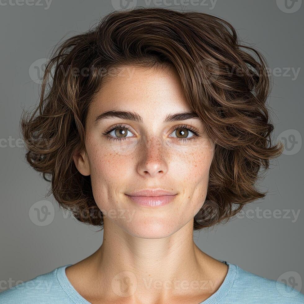 Attractive woman with short wavy hair and freckles photo