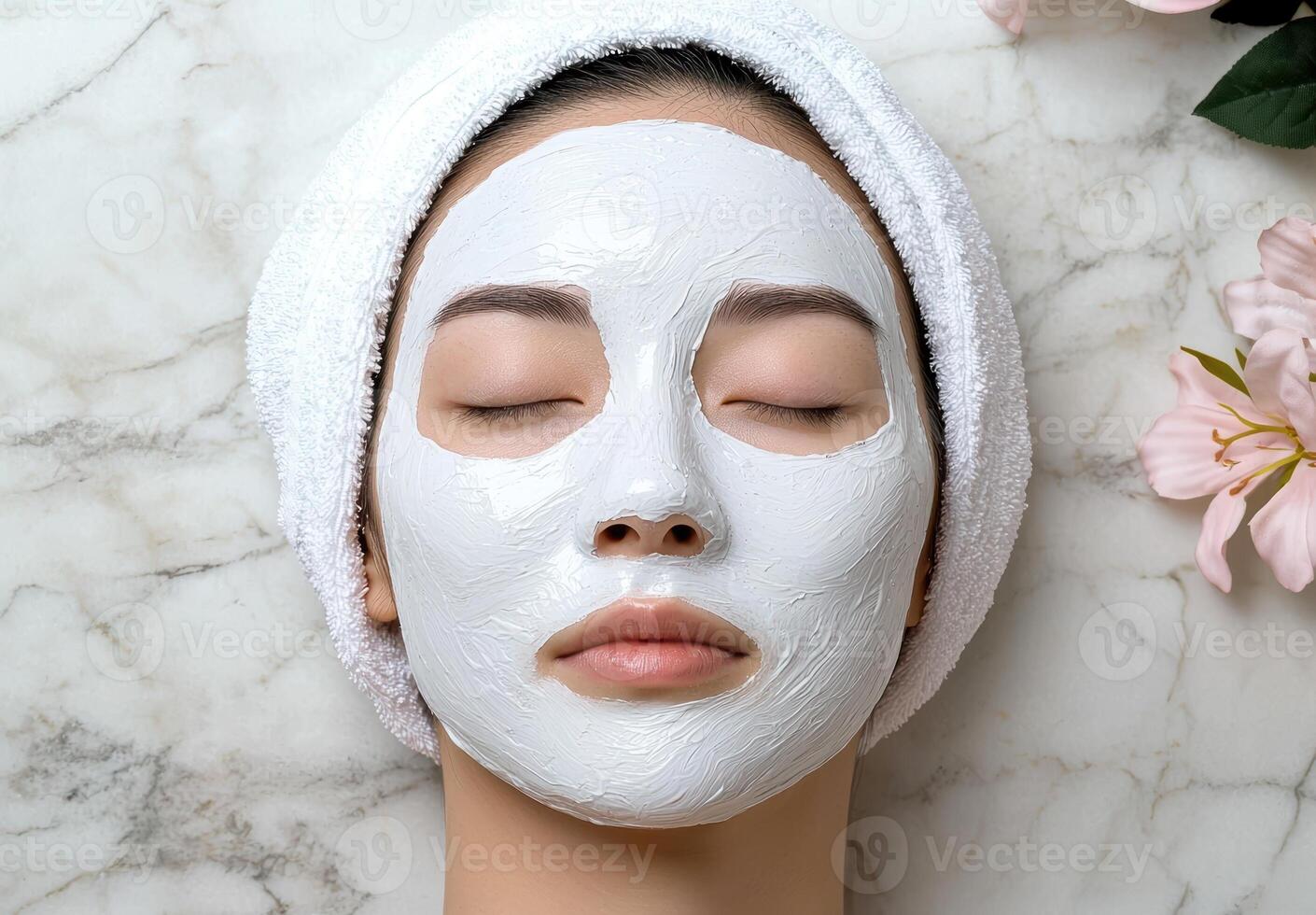 Woman with a facial mask and towel on her head photo