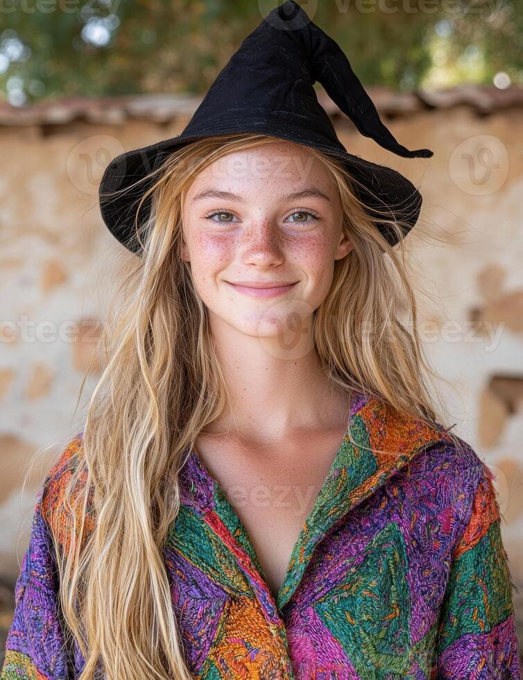 A young girl dressed as a witch smiles at the camera. photo