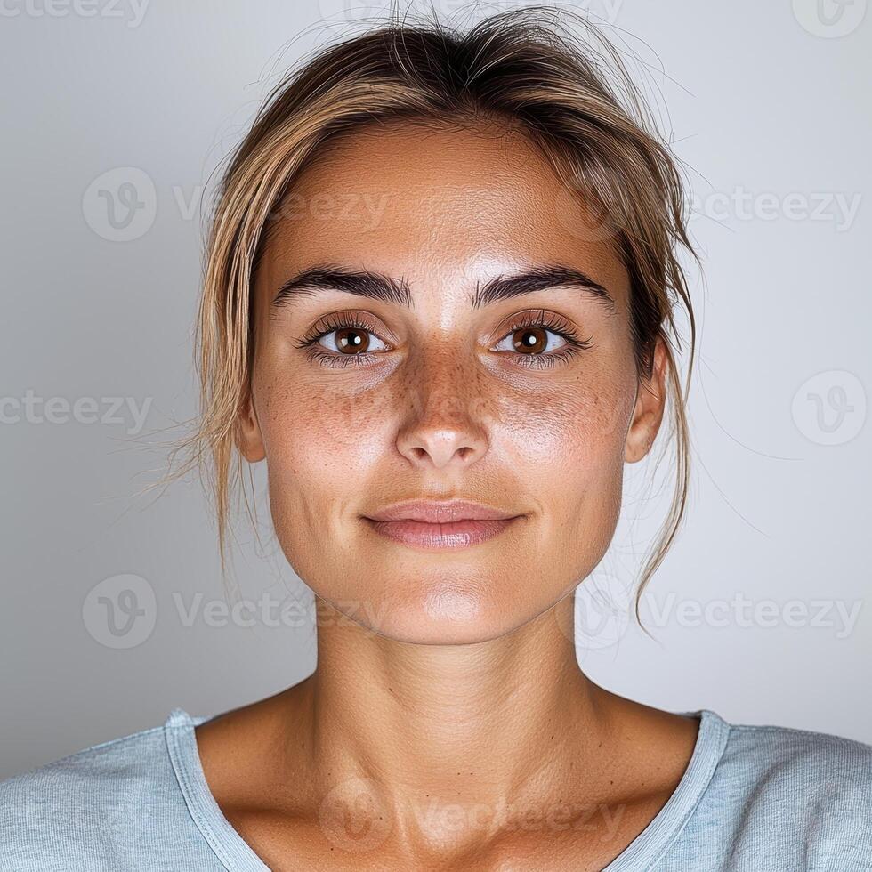 Portrait of a beautiful woman with freckles and brown eyes photo