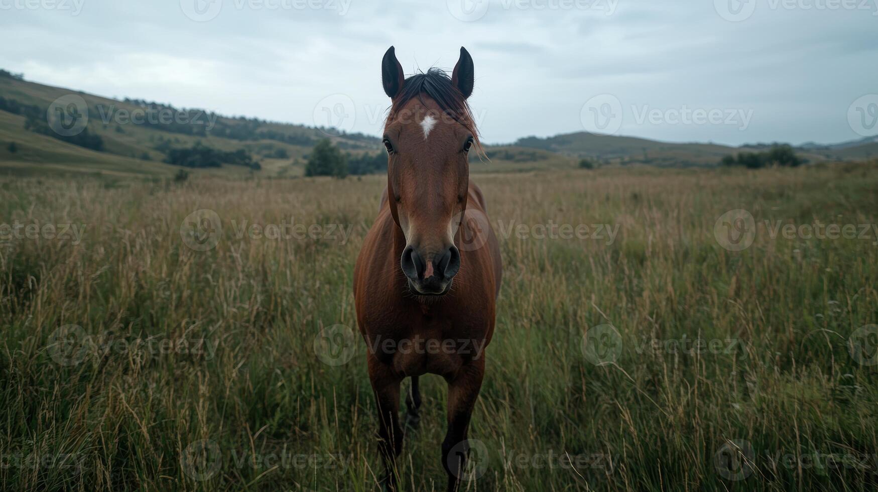 A brown horse stands in a grassy field photo