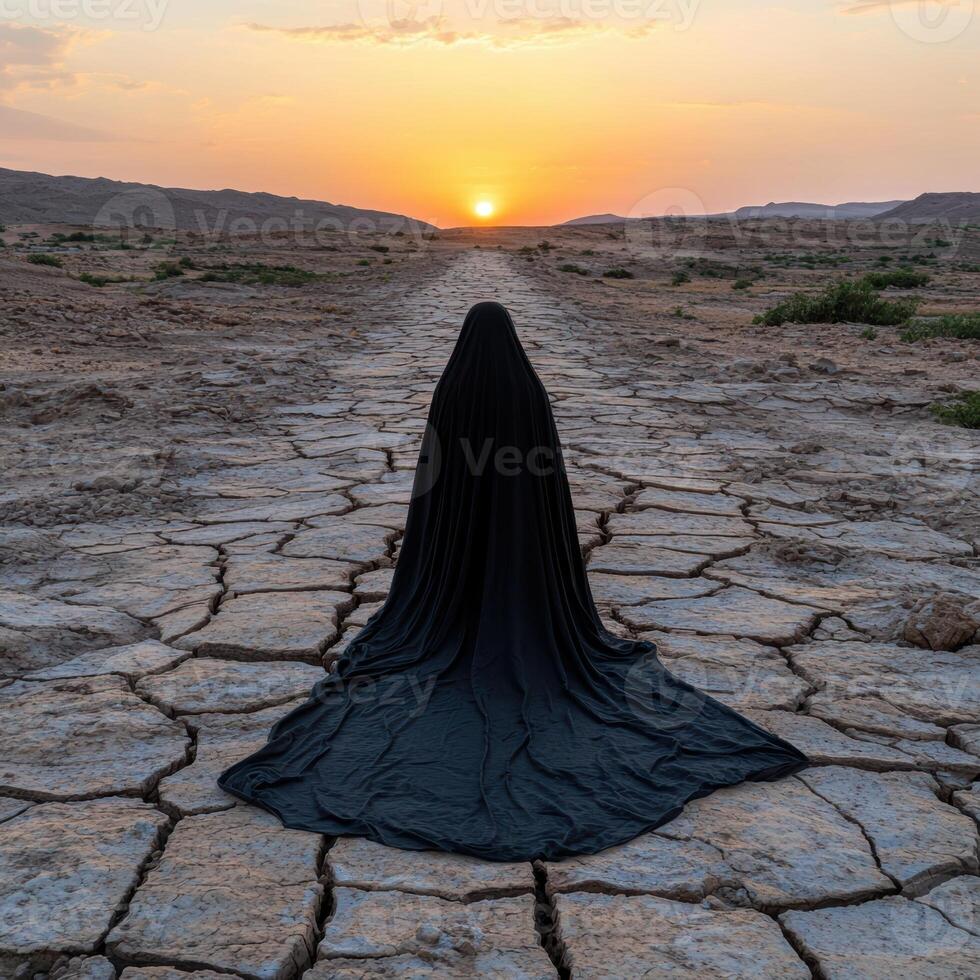 A figure in black stands in a cracked desert landscape at sunset photo