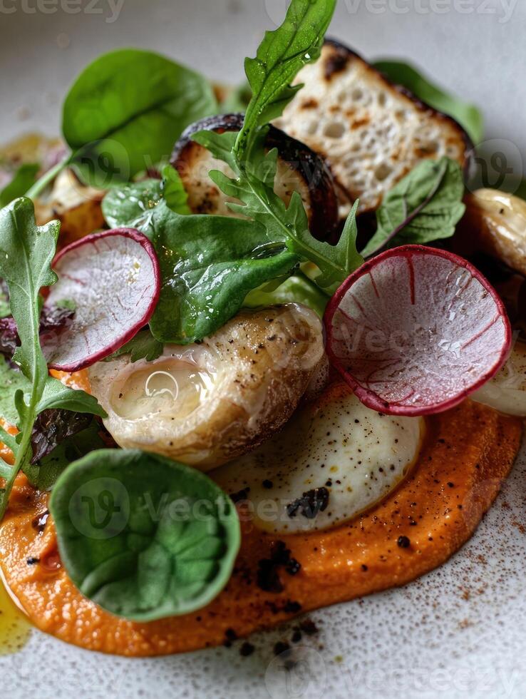 A gourmet salad with roasted vegetables, greens, and a vibrant sauce photo