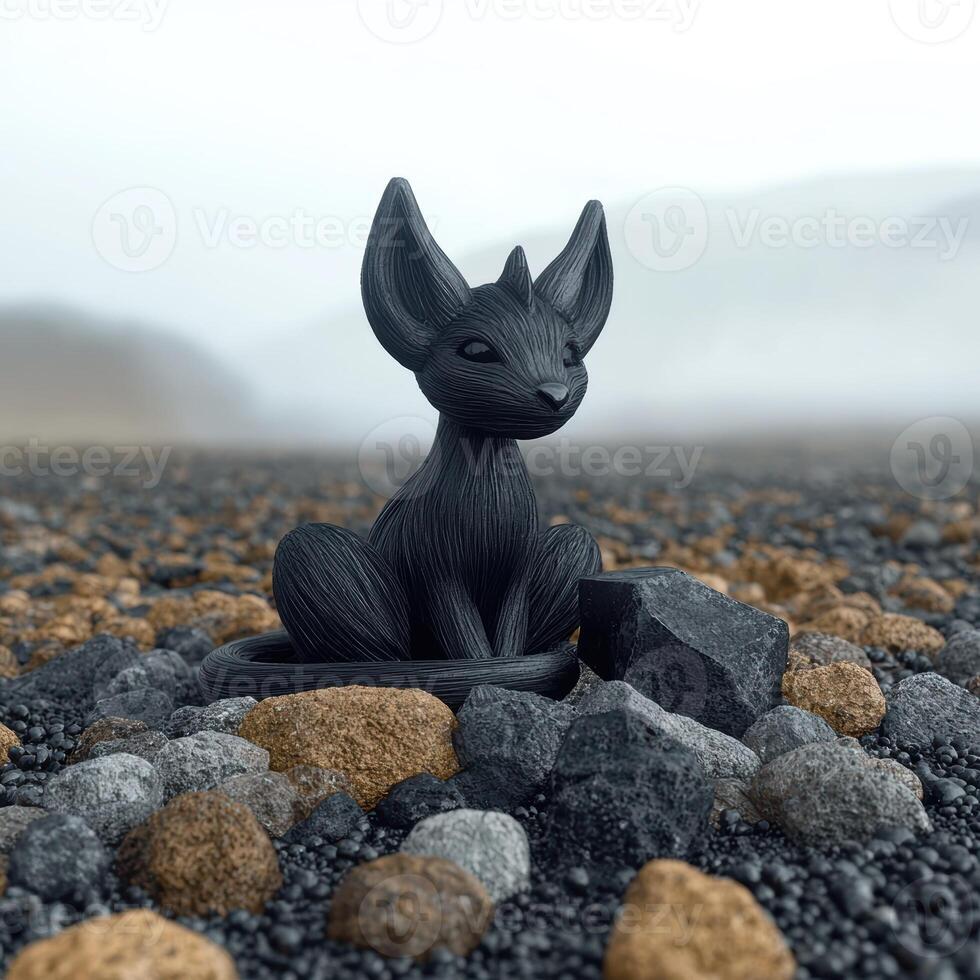 A black fox like creature sits on a rocky landscape photo