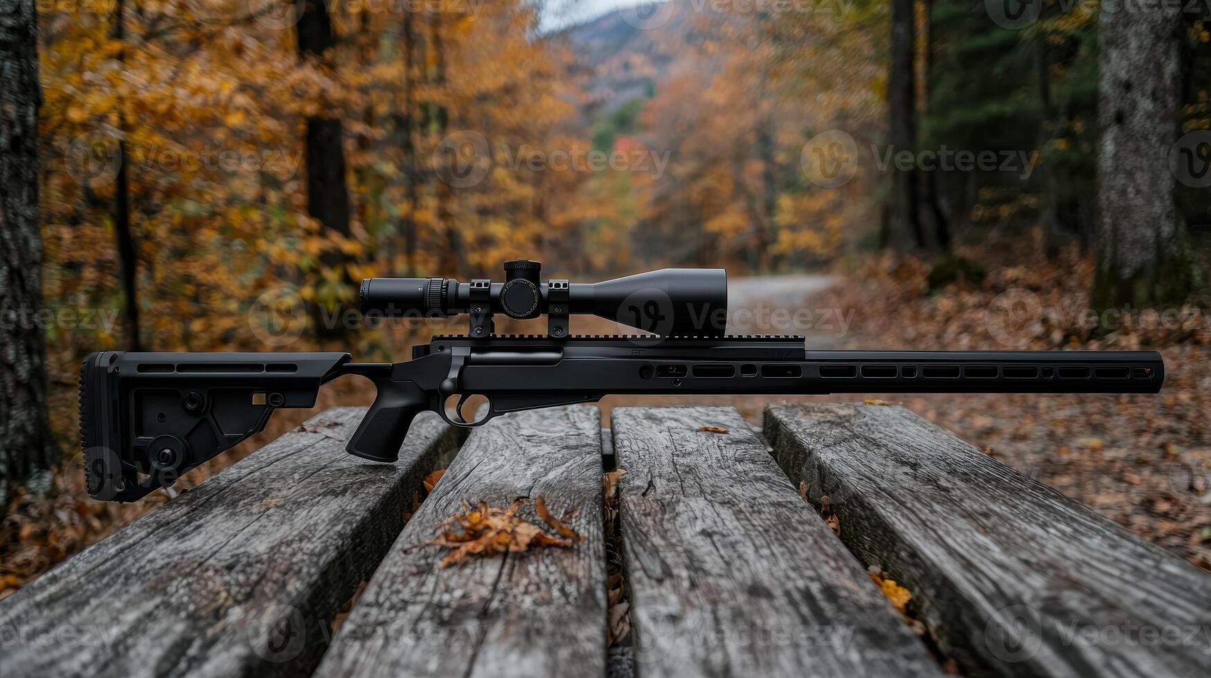 A modern sniper rifle sits on a wooden bench in an autumn forest photo