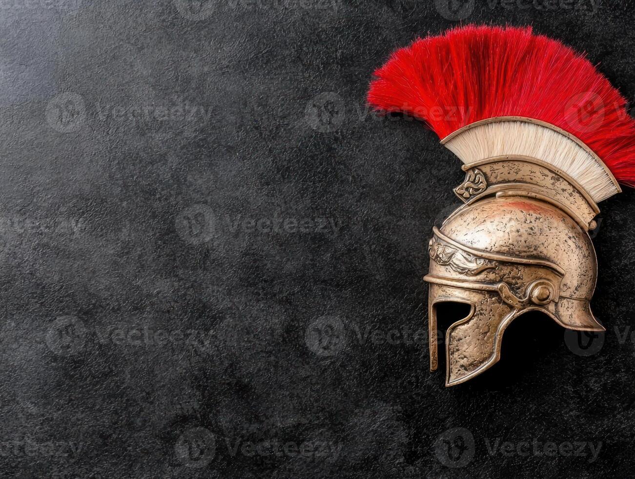 A spartan helmet with a red plume on a dark background photo