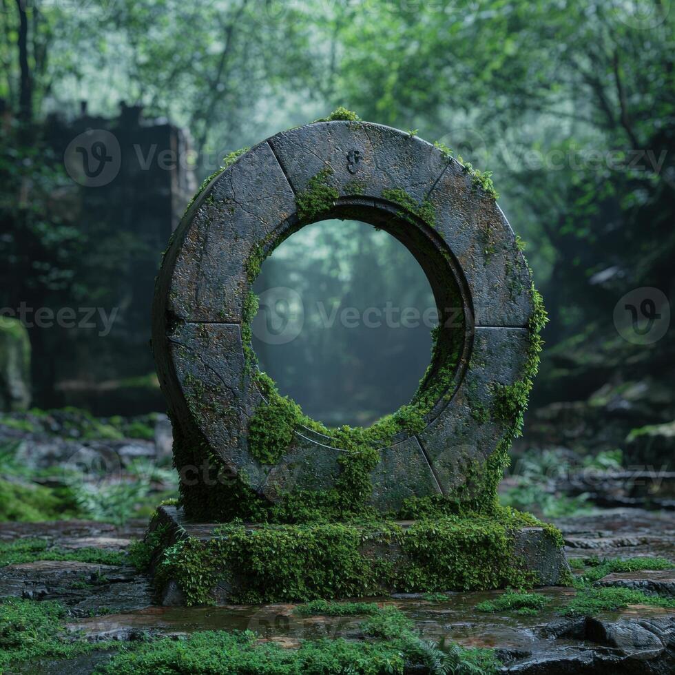 Mystical stone portal covered in moss in a lush forest photo