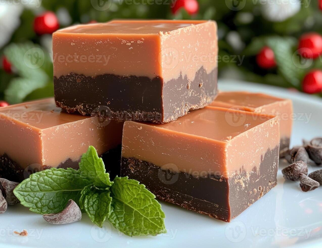 Delicious two layer fudge with mint garnish photo