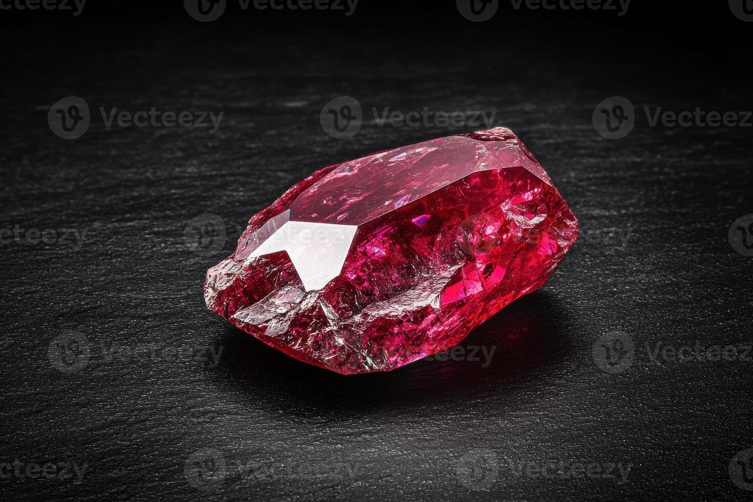 A large, uncut ruby crystal on a black surface photo