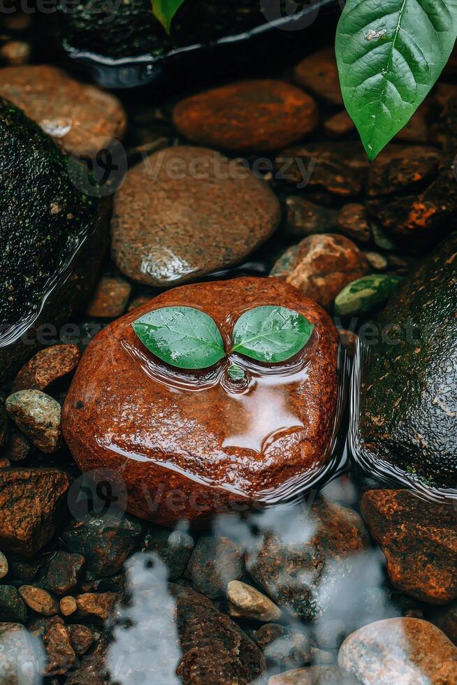 Two small leaves on a rock in a stream photo