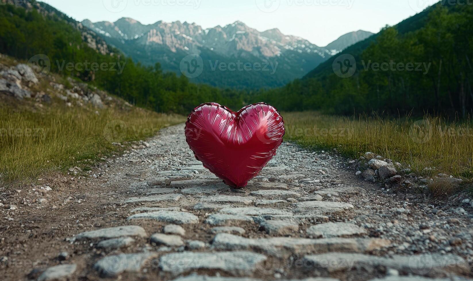 Heart shaped balloon on a stone path in a mountain landscape photo