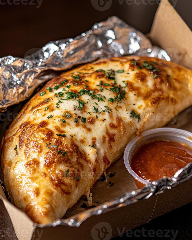 Delicious cheesy calzone with marinara sauce photo