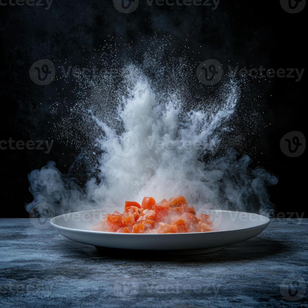 Diced salmon on a plate with dry ice smoke effect photo