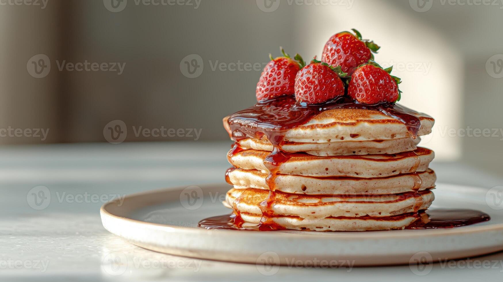 A stack of pancakes with strawberries and syrup photo