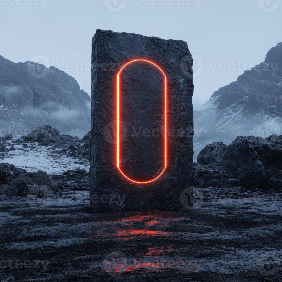 Monolith with glowing portal in a desolate landscape photo