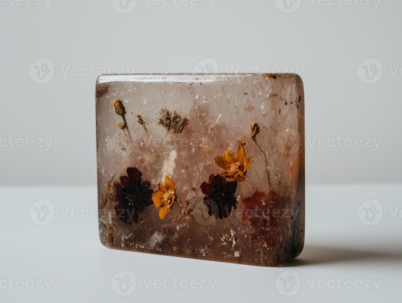 Flowers preserved in a block of clear resin photo