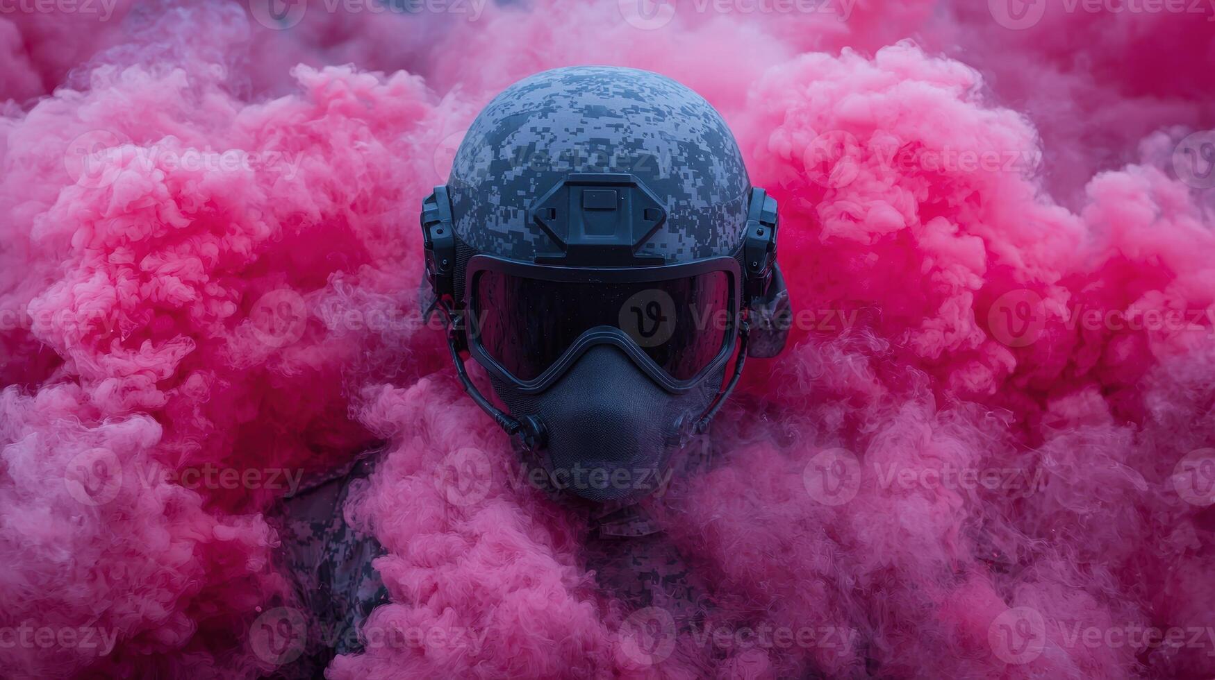 A military helmet and mask surrounded by pink smoke photo