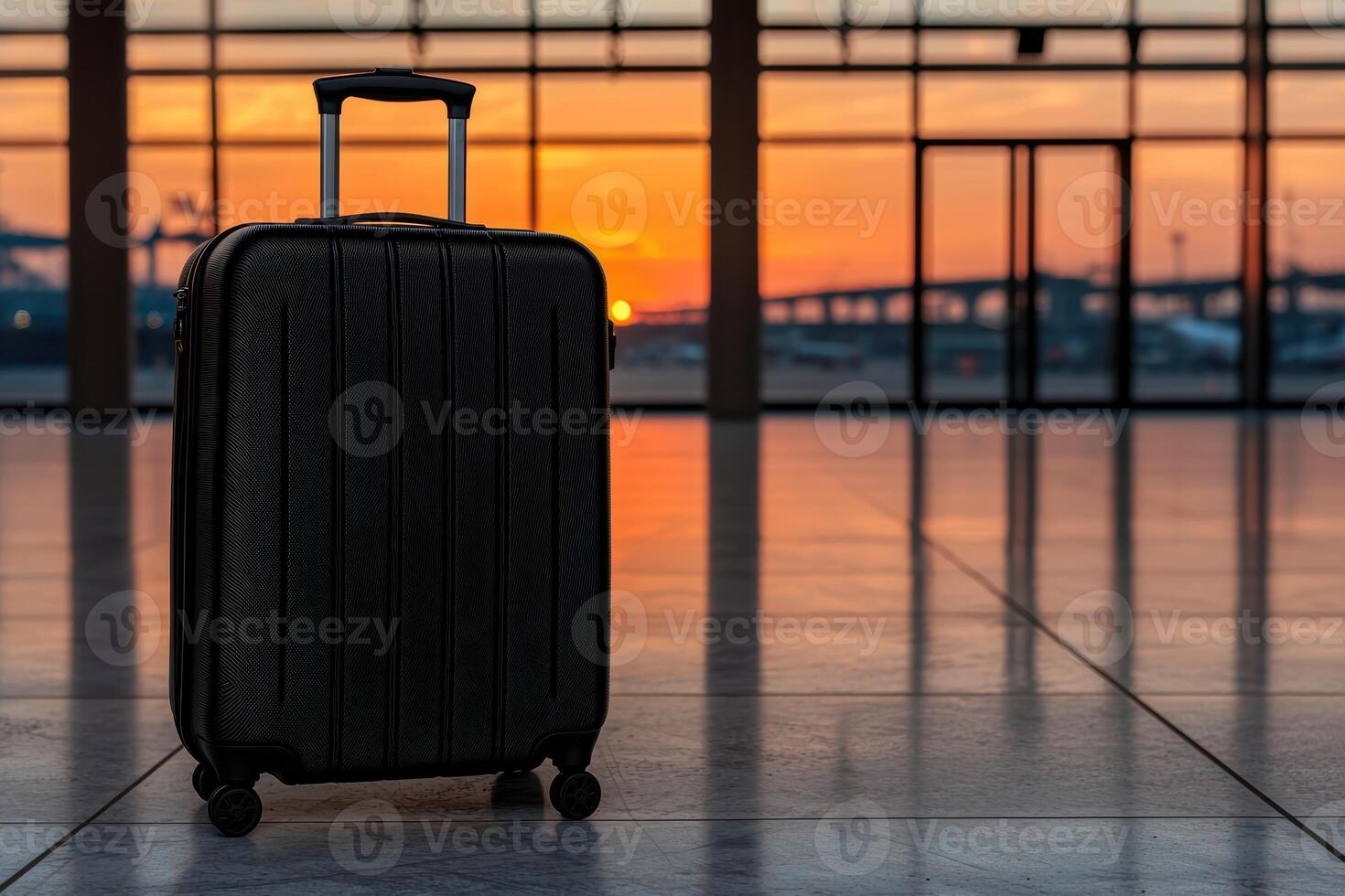 Suitcase in an airport terminal at sunset photo