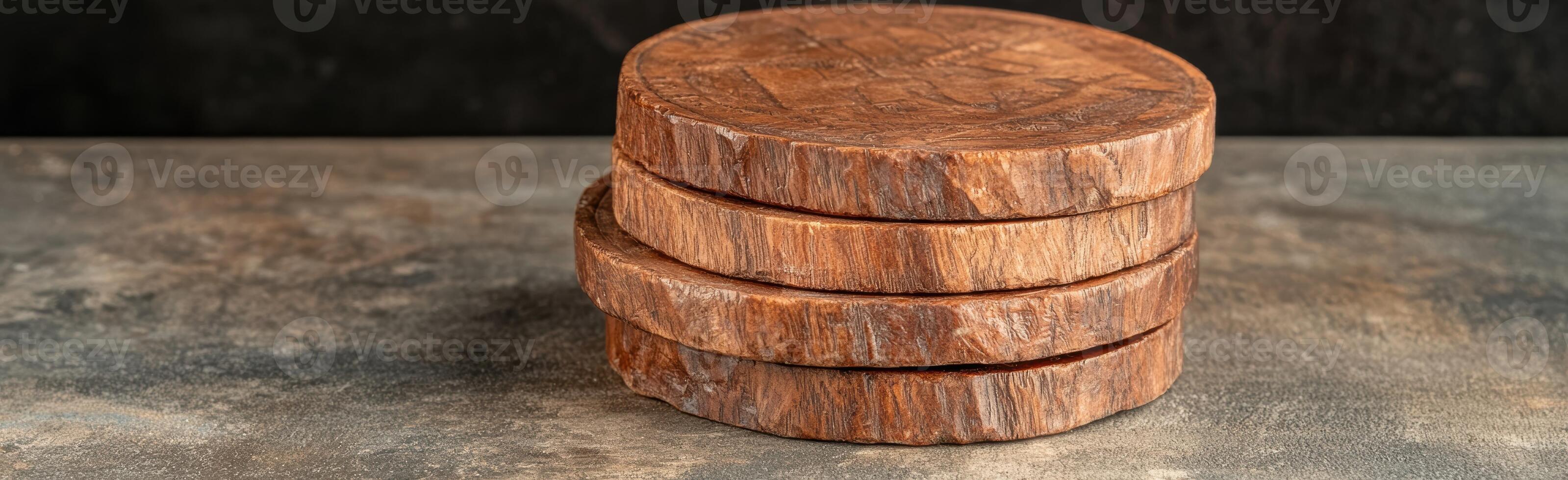 Stack of wooden coasters on a table photo