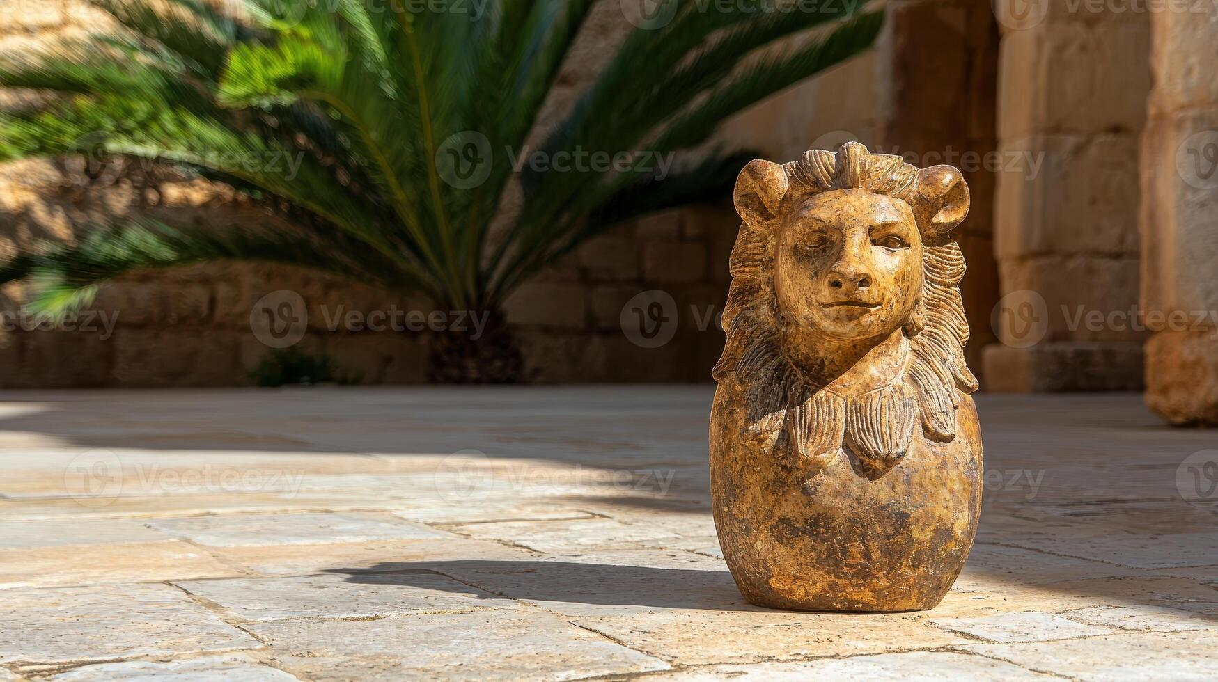 A stone lion statue sits in a courtyard photo