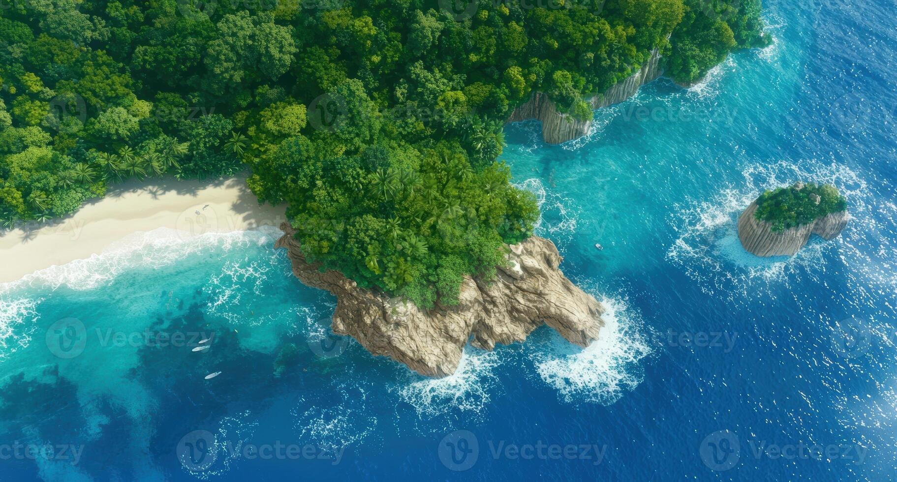 Aerial view of a tropical island with a sandy beach and clear blue water photo