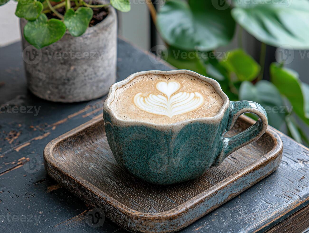 A cup of latte art on a wooden tray with plants in the background photo