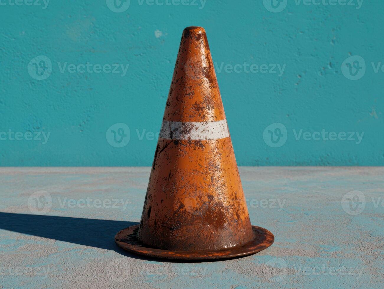 A weathered orange traffic cone with a white stripe stands on a textured surface photo