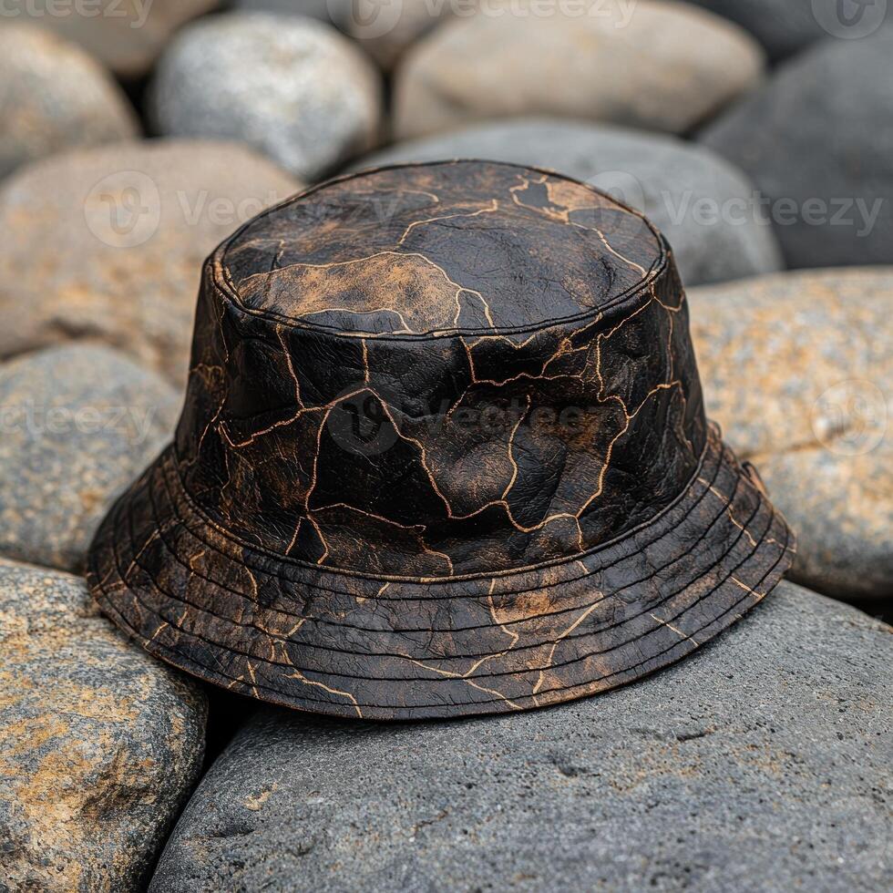 A stylish bucket hat with a unique cracked pattern resting on rocks photo