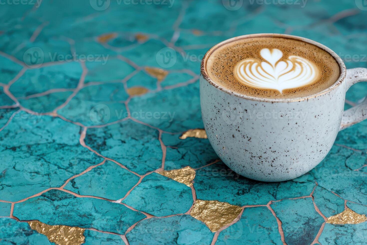 A latte with latte art on a turquoise and gold mosaic table photo